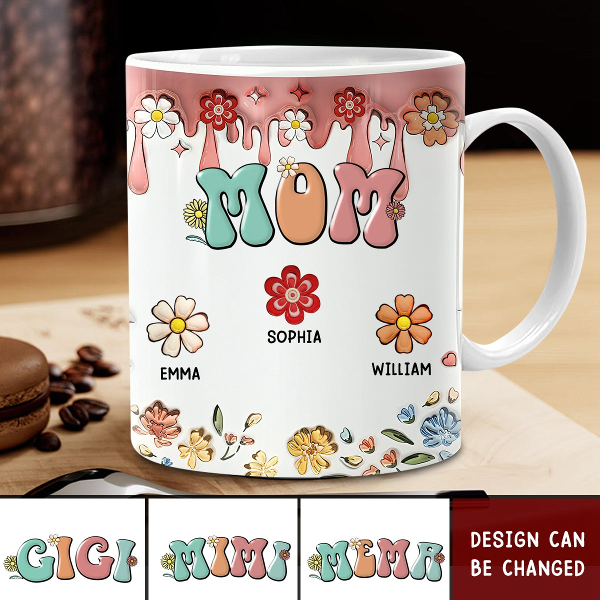 Personalized Retro Boho Mama Nana Flower Kids 3D Inflated Effect Mug