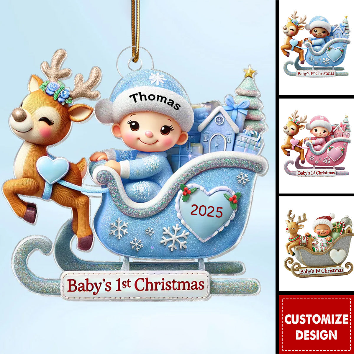 Baby First Christmas Newborn On Sleigh Keepsake Personalized Acrylic Ornament