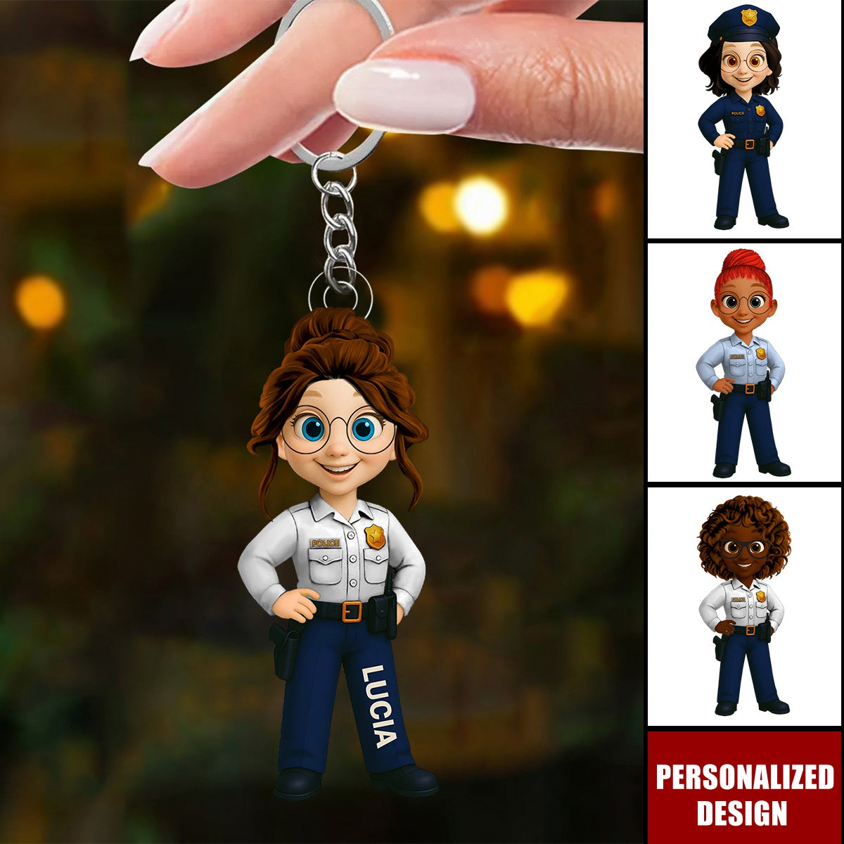 Personalized Woman Police Officer Cartoon Character Keychain-Gift For Law Enforcement