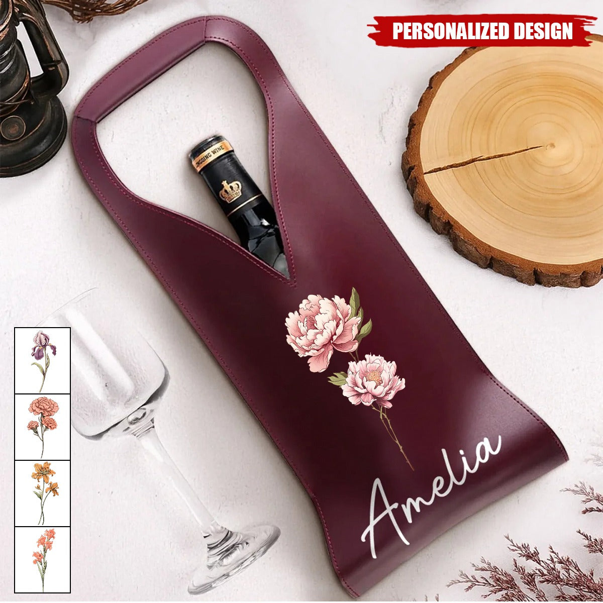 Personalized Birth Flower Leather Wine Bag Gift for Wine Lover