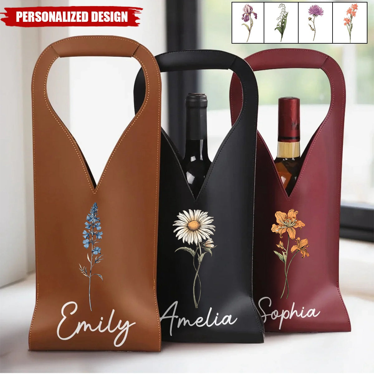 Personalized Birth Flower Leather Wine Bag Gift for Wine Lover