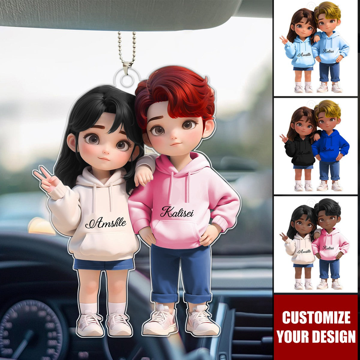 Cute Cartoon Couple Personalized Car Ornament, Anniversary Valentine's Day Gift For Couple