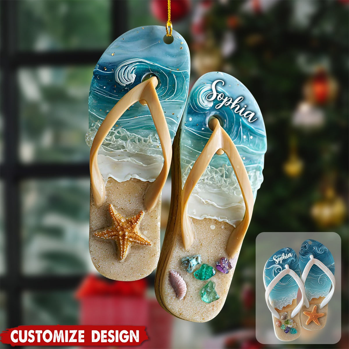 2D FLAT Personalized Flip Flop Christmas Acrylic Ornament, Coastal Ornament, Seaside Vacation Art, Ocean Lover Gifts, Gift for Beach Lover