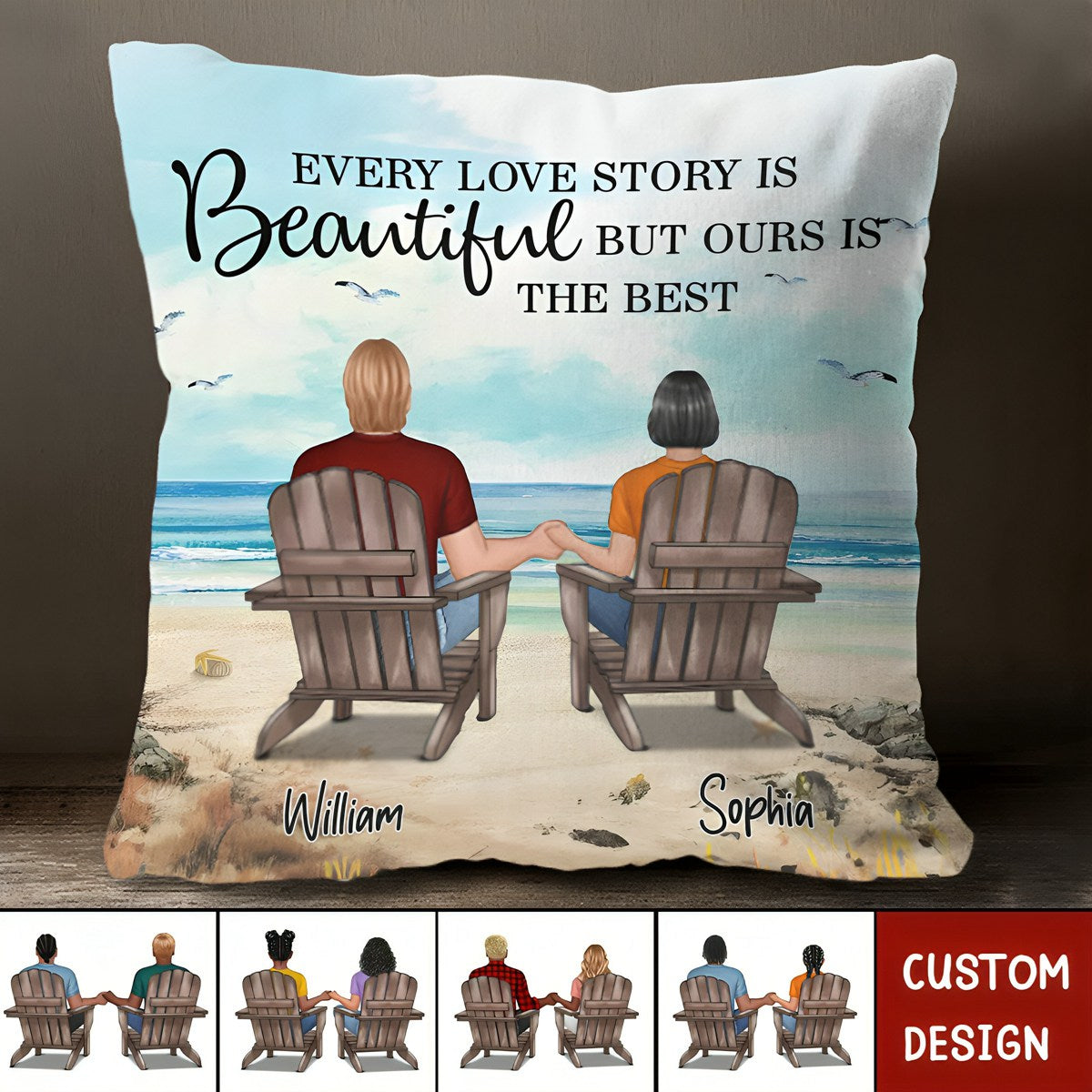 Retro Vintage Back View Couple Sitting Beach Landscape Personalized Pillow