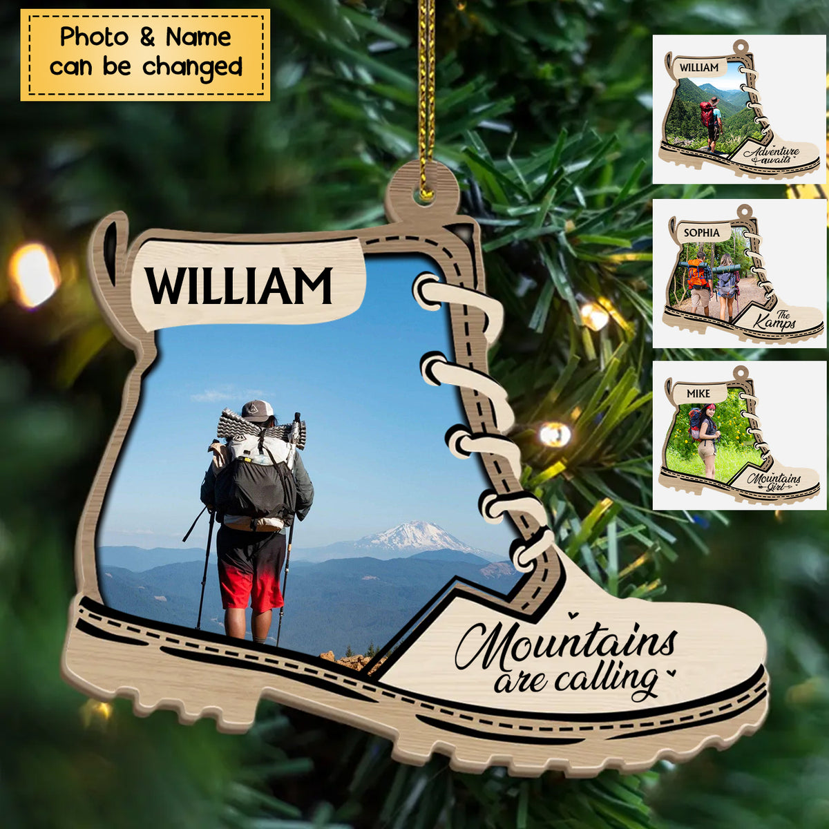 Mountains Are Calling - Personalized Christmas Photo Upload Gifts Custom Wooden Ornament for Hiking Lovers