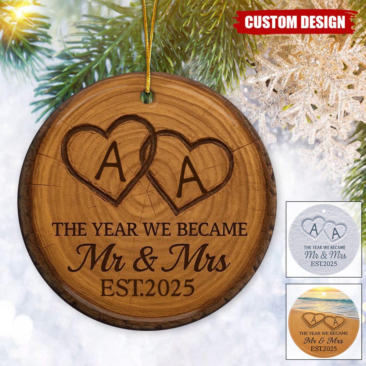 Custom Ceramic Ornament - Personalized Anniversary Christmas Wedding Gifts For Husband And Wife, Him And Her - Our Happily Ever After, Set In Sand