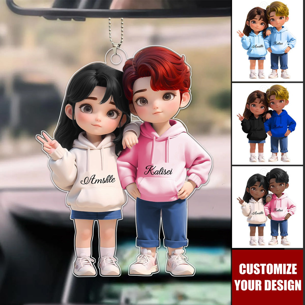 Cute Cartoon Couple Personalized Car Ornament, Anniversary Valentine's Day Gift For Couple