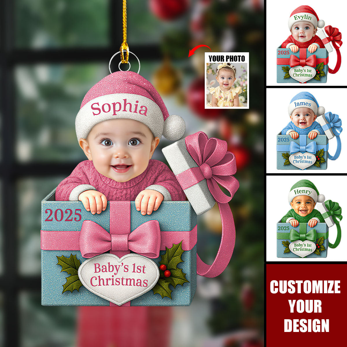 Baby Christmas Gift Box Acrylic Ornament, Personalized Baby Photo Christmas Ornament, Funny Newborn First Christmas Gift