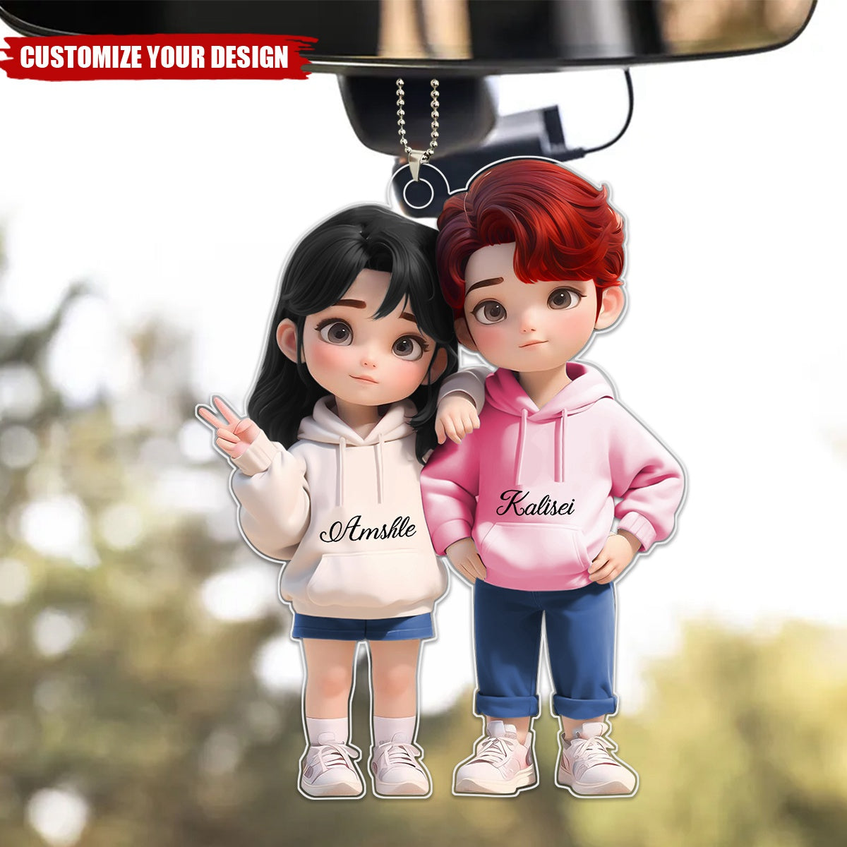 Cute Cartoon Couple Personalized Car Ornament, Anniversary Valentine's Day Gift For Couple