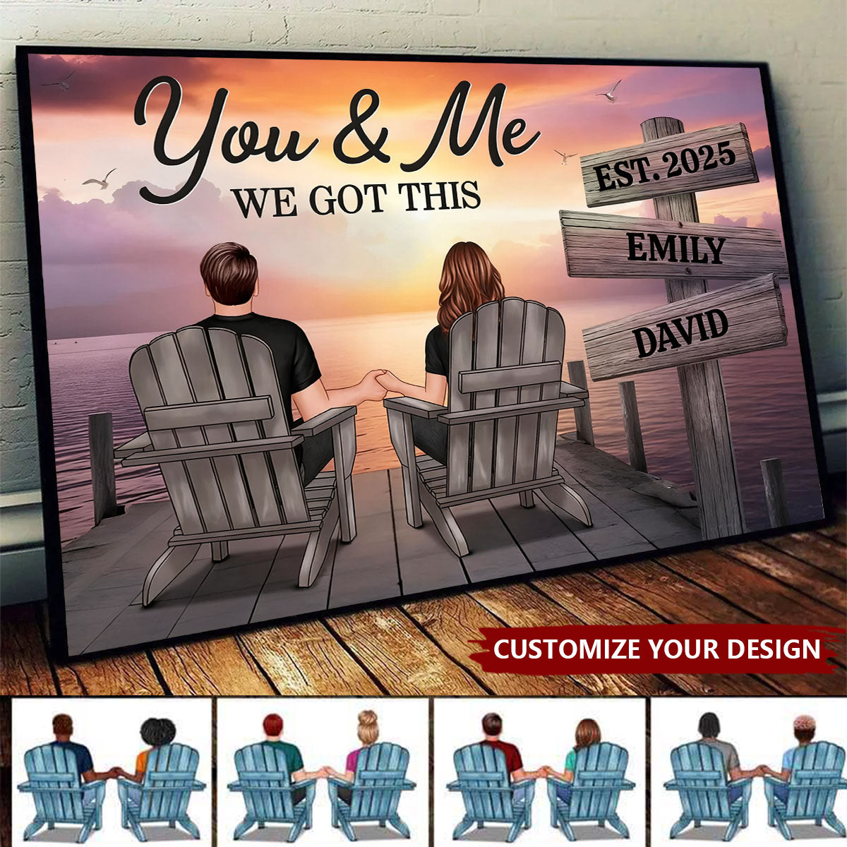 Personalized Seaside Poster Romantic Couple Back View Clear and Sturdy Love Memory Wall Décor Gift