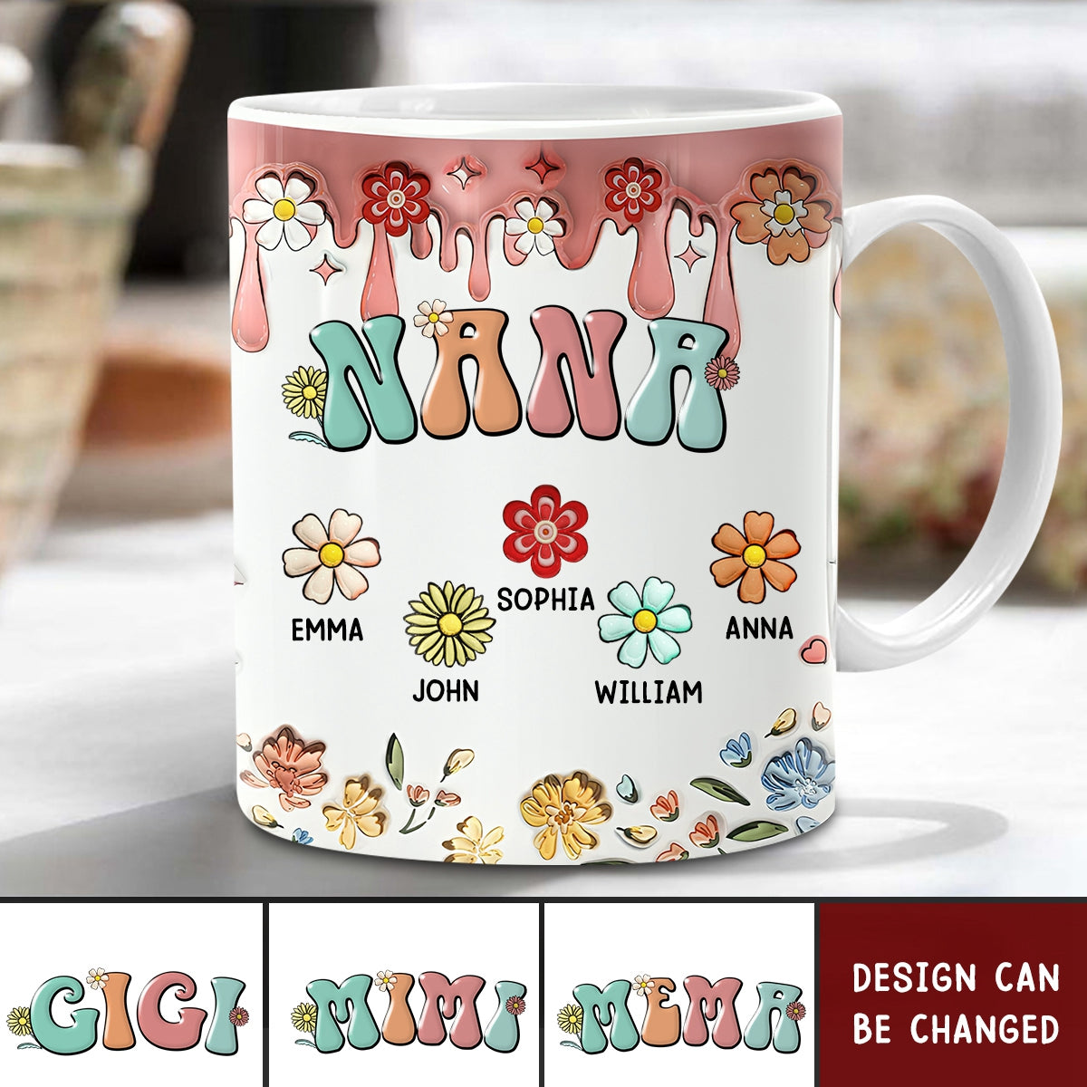 Personalized Retro Boho Mama Nana Flower Kids 3D Inflated Effect Mug