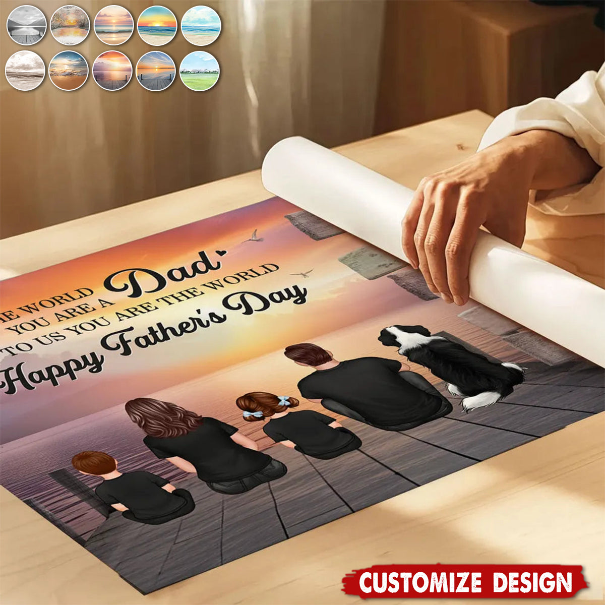 Personalized Back‑View Family Poster – Custom Family & Angel Wings, Sunset Dock Scene