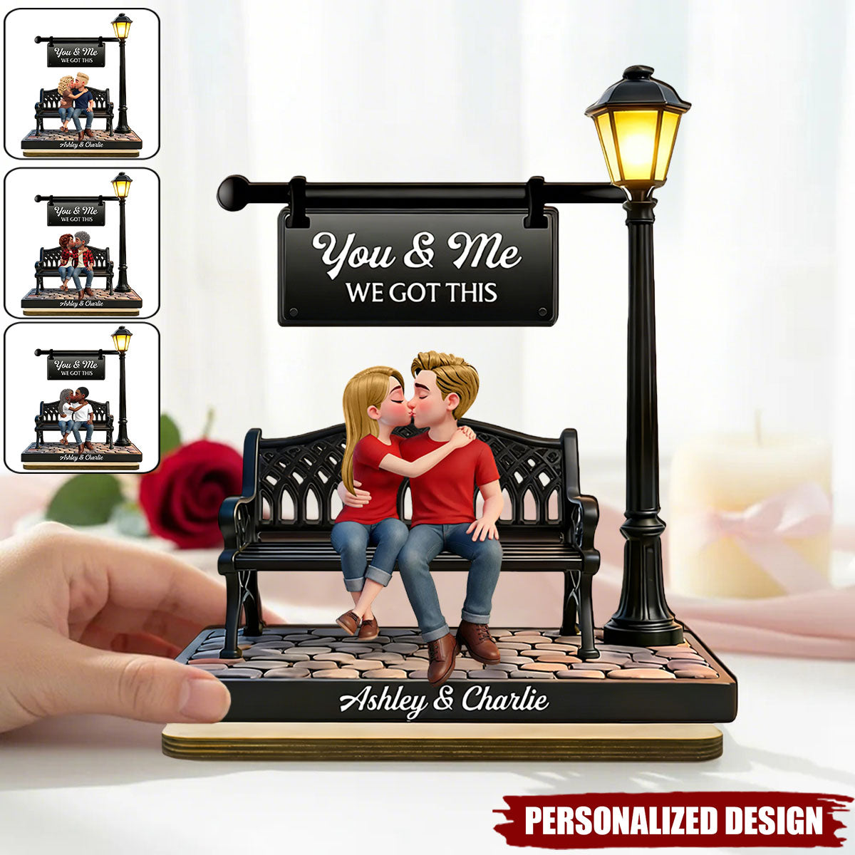 Everlasting Love Couple Sitting Kissing Under Lamp Post-Personalized Wooden Plaque-Valentine's Day Gift For Couple