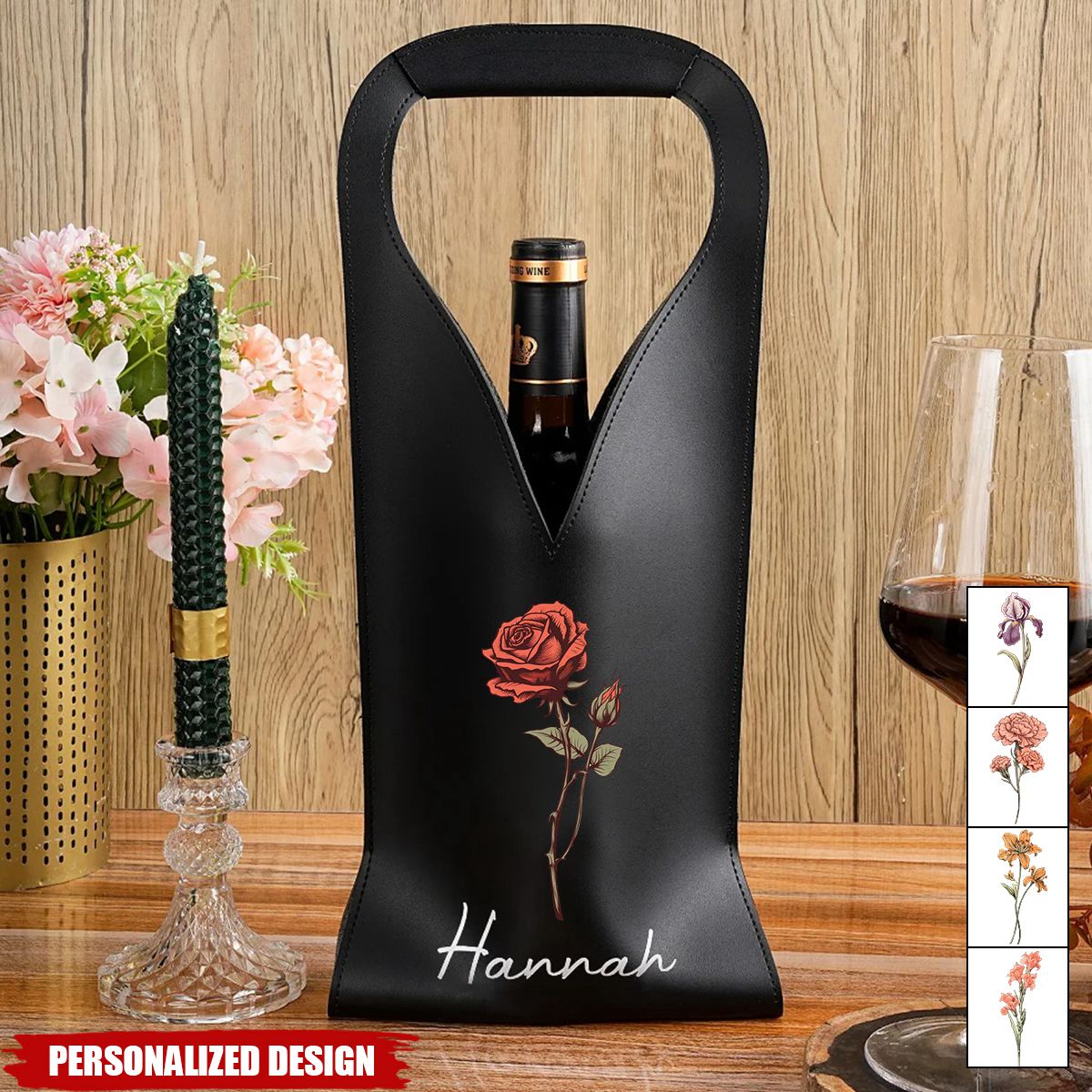 Personalized Birth Flower Leather Wine Bag Gift for Wine Lover