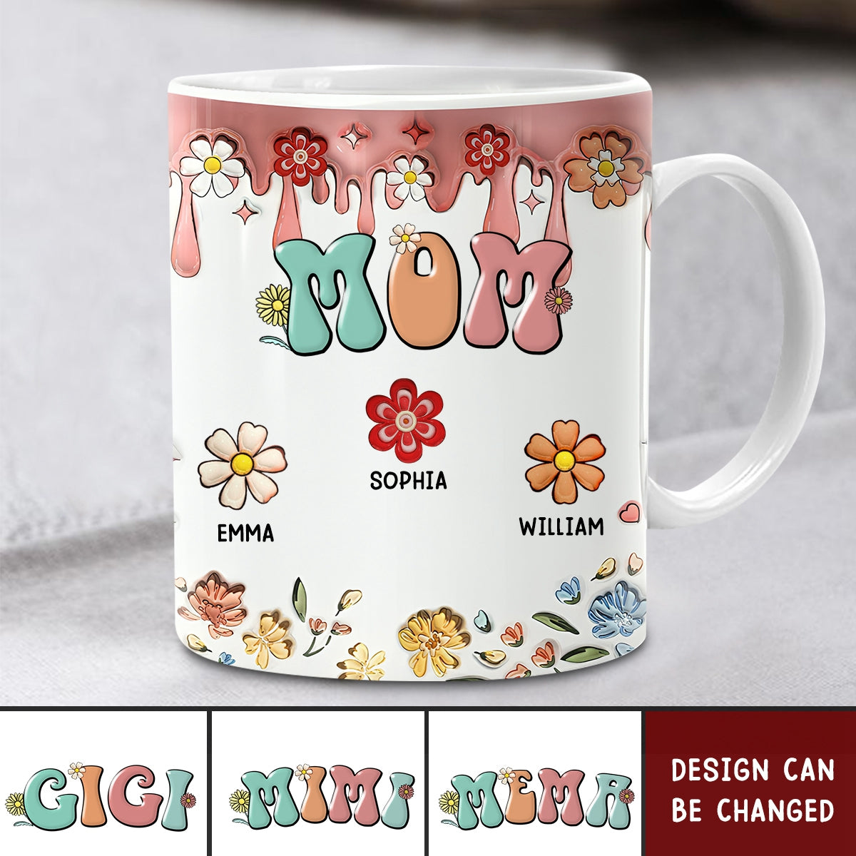 Personalized Retro Boho Mama Nana Flower Kids 3D Inflated Effect Mug