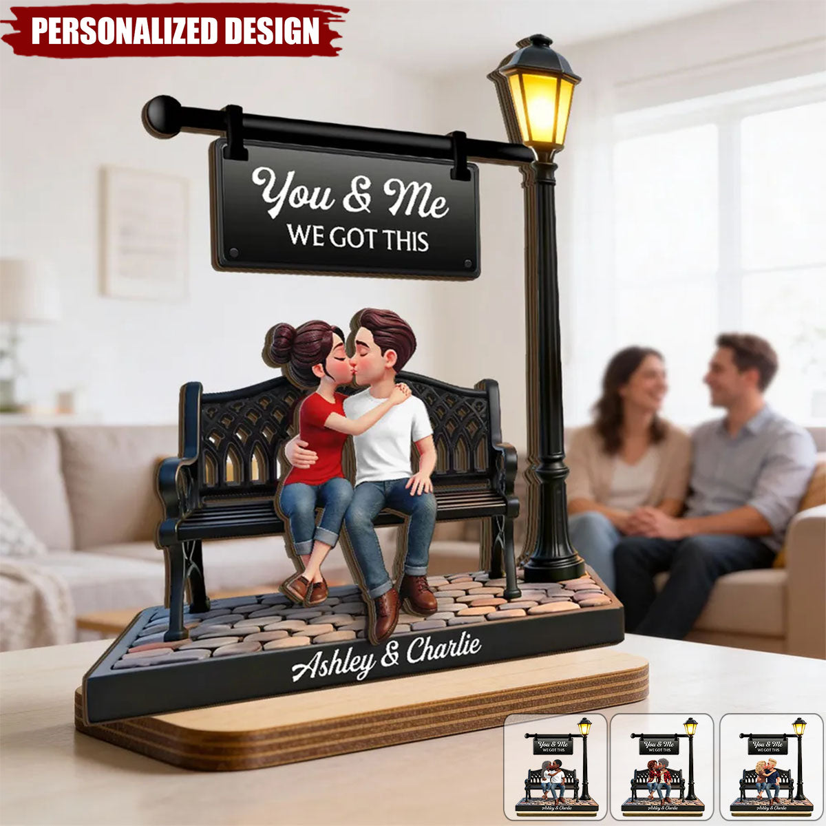 Everlasting Love Couple Sitting Kissing Under Lamp Post-Personalized Wooden Plaque-Valentine's Day Gift For Couple