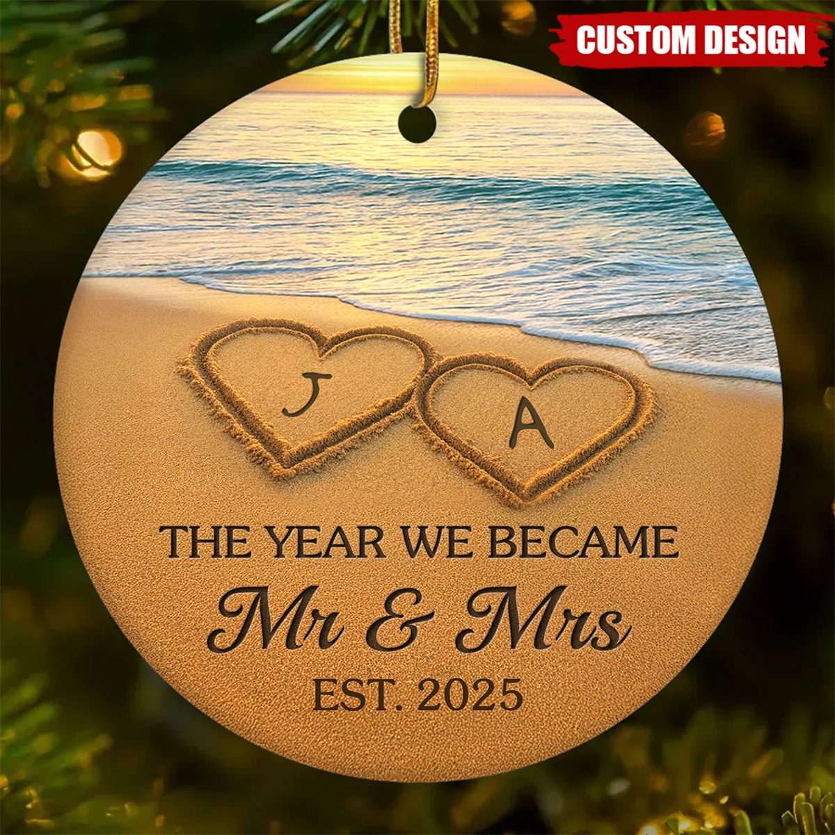 Custom Ceramic Ornament - Personalized Anniversary Christmas Wedding Gifts For Husband And Wife, Him And Her - Our Happily Ever After, Set In Sand