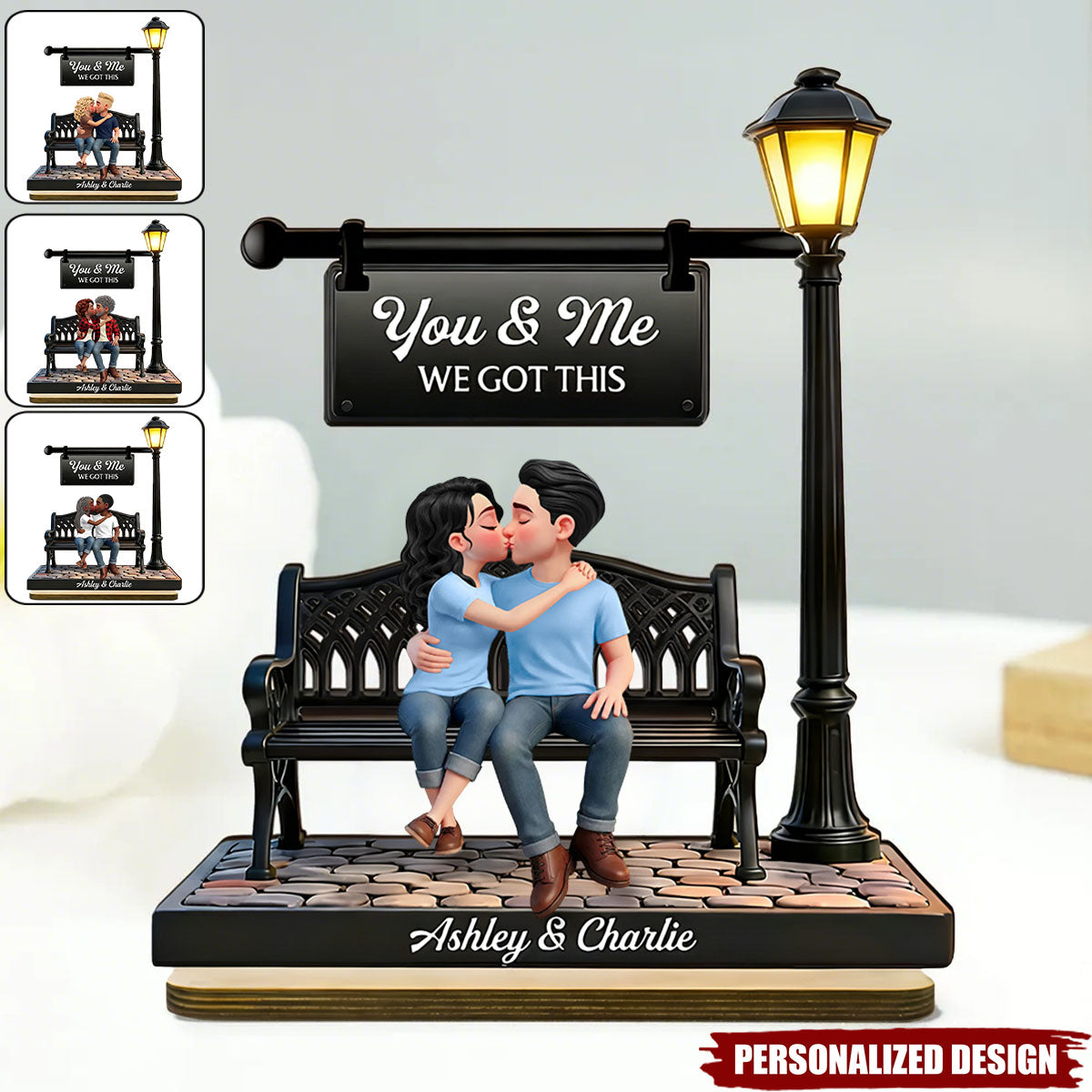 Everlasting Love Couple Sitting Kissing Under Lamp Post-Personalized Wooden Plaque-Valentine's Day Gift For Couple