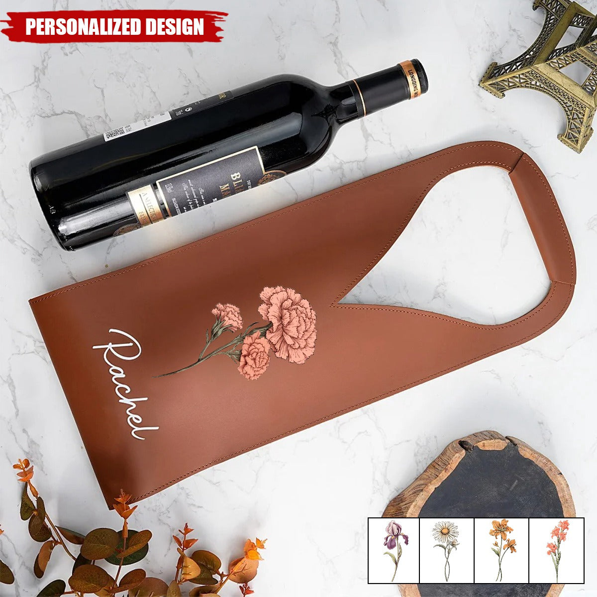 Personalized Birth Flower Leather Wine Bag Gift for Wine Lover