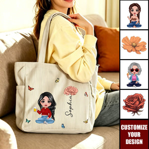 Personalized Cartoon Character Birth Flower Large Capacity Corduroy Tote Bag
