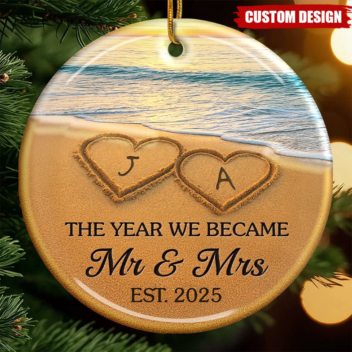 Custom Ceramic Ornament - Personalized Anniversary Christmas Wedding Gifts For Husband And Wife, Him And Her - Our Happily Ever After, Set In Sand