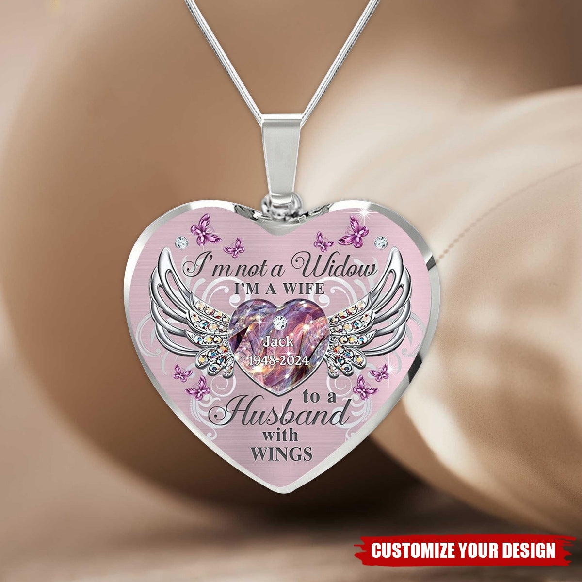 Memorial Butterfly My Husband Has Wings Personalized Heart Necklace, Memorial Jewelry Loss Of Loved One