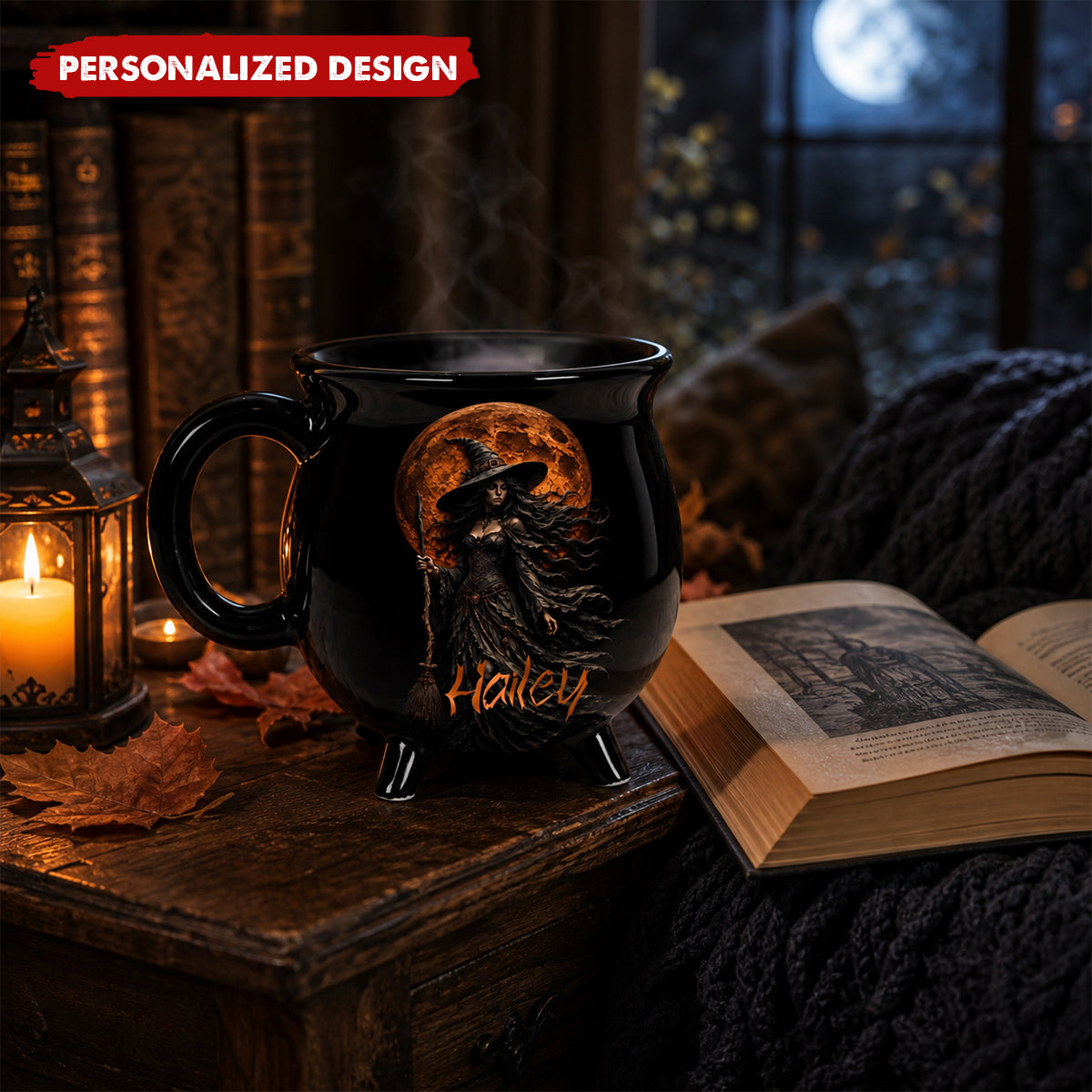 Custom Witchy Cauldron Name Mug, Mystic Witch Halloween Coffee Mug, Black Cauldron Ceramic Cup, Tarot Lover Gift, Cute Witch Themed Mug Gift
