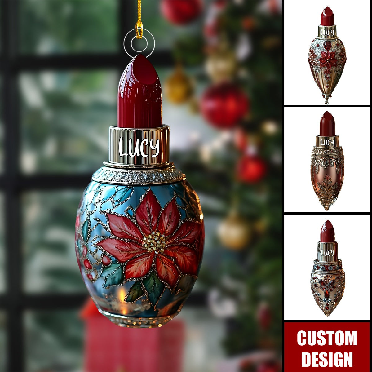 Personalized Red Jewel-Encrusted Glam Lipstick Christmas Ornament - Gift For Beauty Lovers