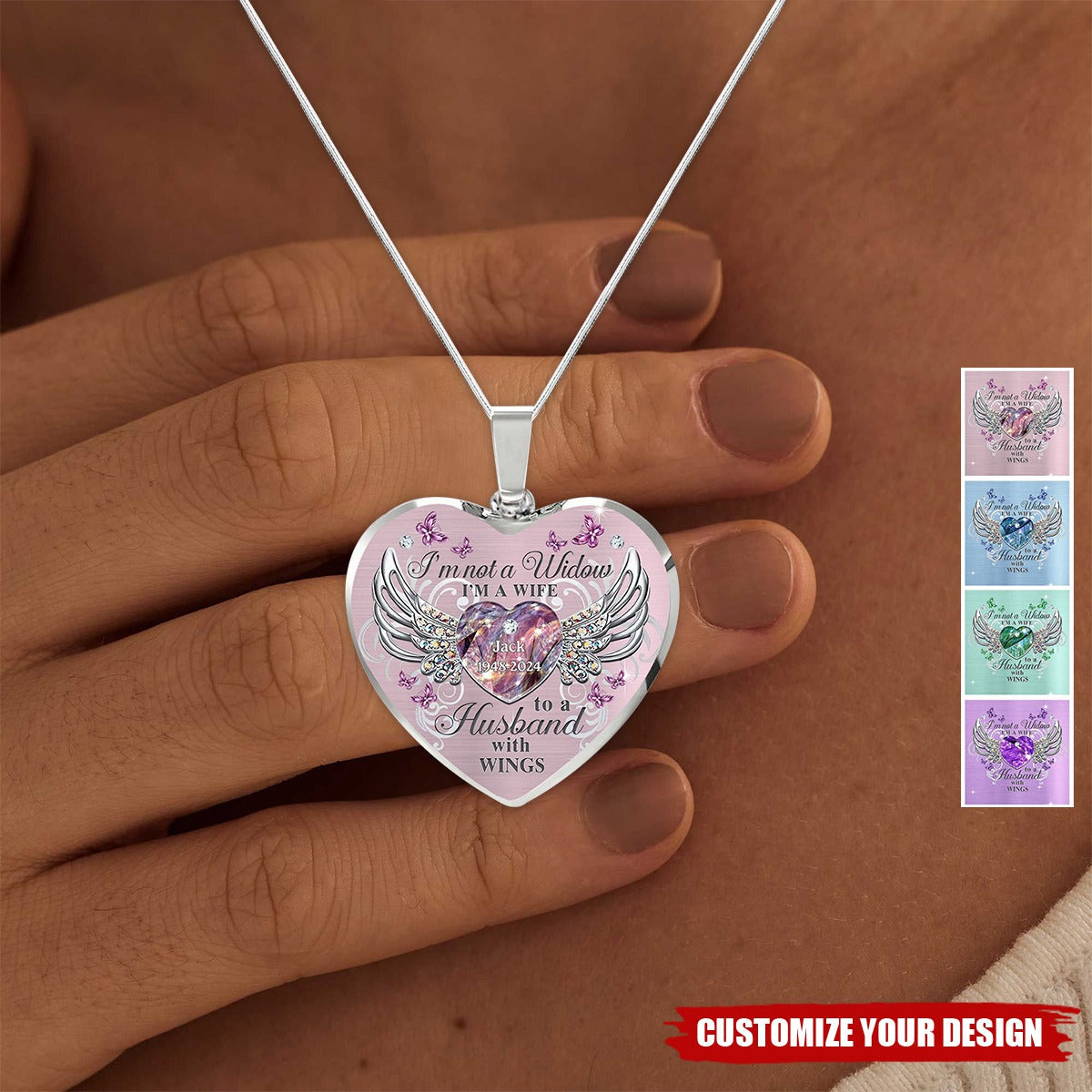 Memorial Butterfly My Husband Has Wings Personalized Heart Necklace, Memorial Jewelry Loss Of Loved One