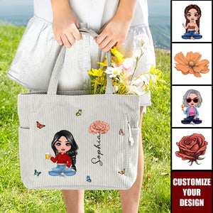 Personalized Cartoon Character Birth Flower Large Capacity Corduroy Tote Bag