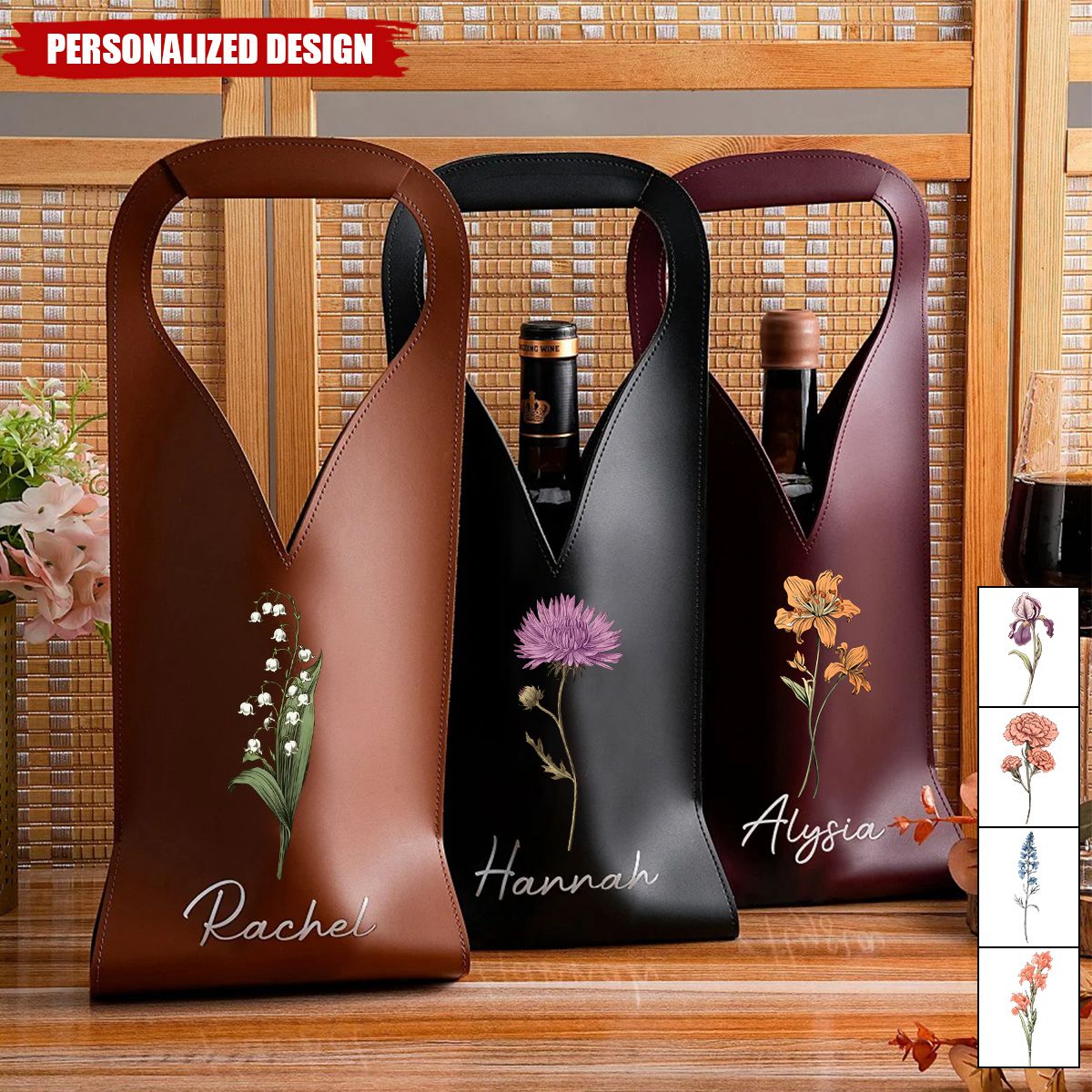 Personalized Birth Flower Leather Wine Bag Gift for Wine Lover