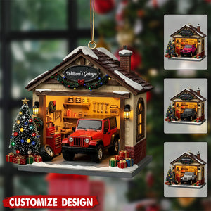 Personalized Garage Scene Christmas Ornament - Gift For Car Enthusiasts