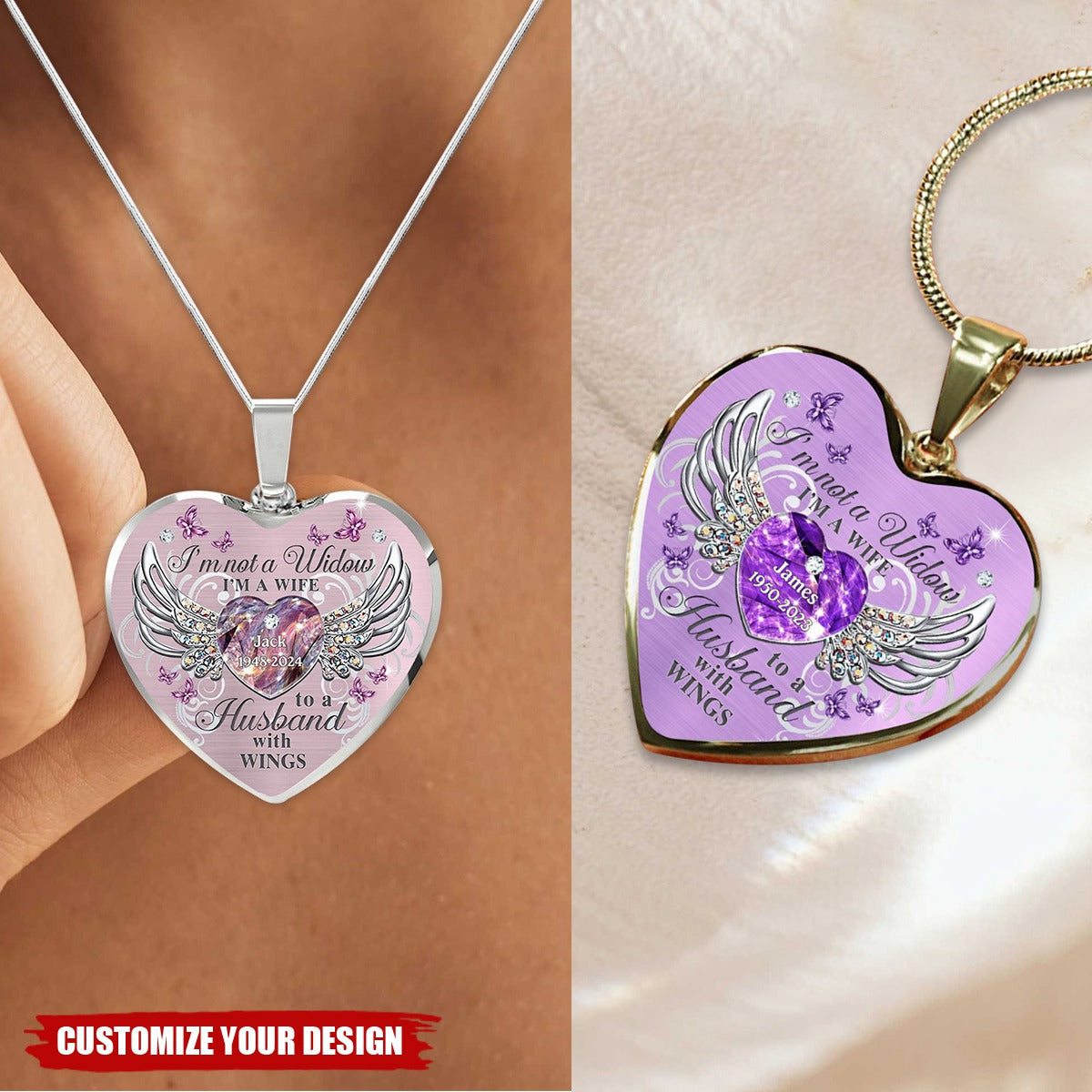 Memorial Butterfly My Husband Has Wings Personalized Heart Necklace, Memorial Jewelry Loss Of Loved One