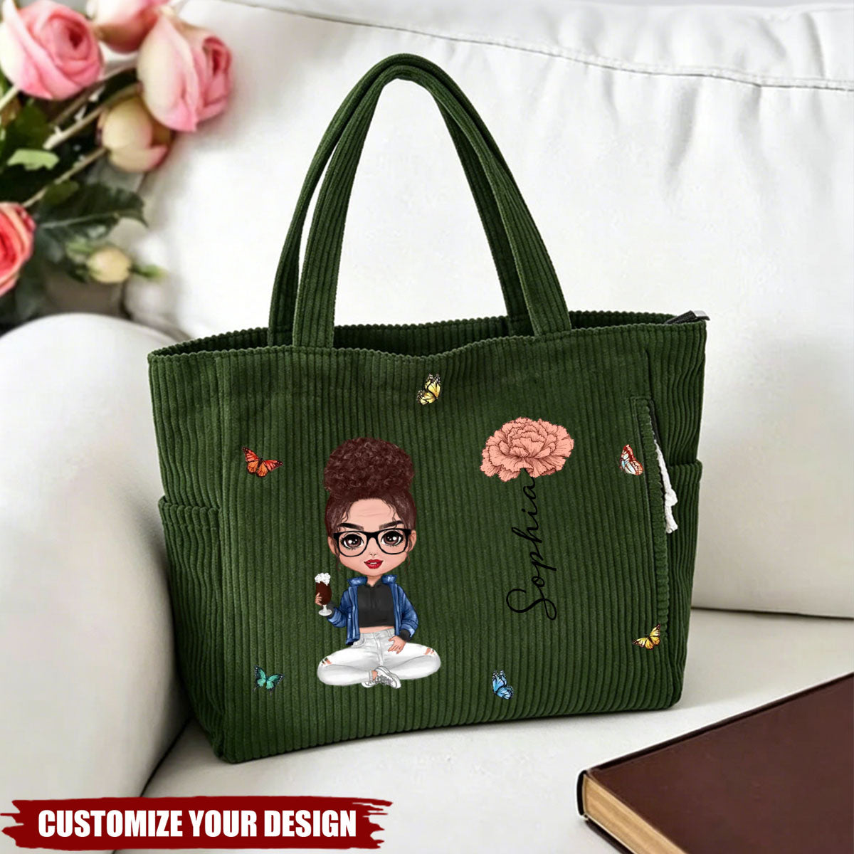 Personalized Cartoon Character Birth Flower Large Capacity Corduroy Tote Bag