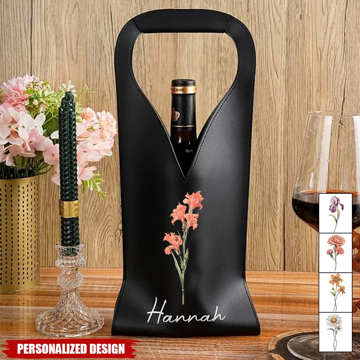 Personalized Birth Flower Leather Wine Bag Gift for Wine Lover