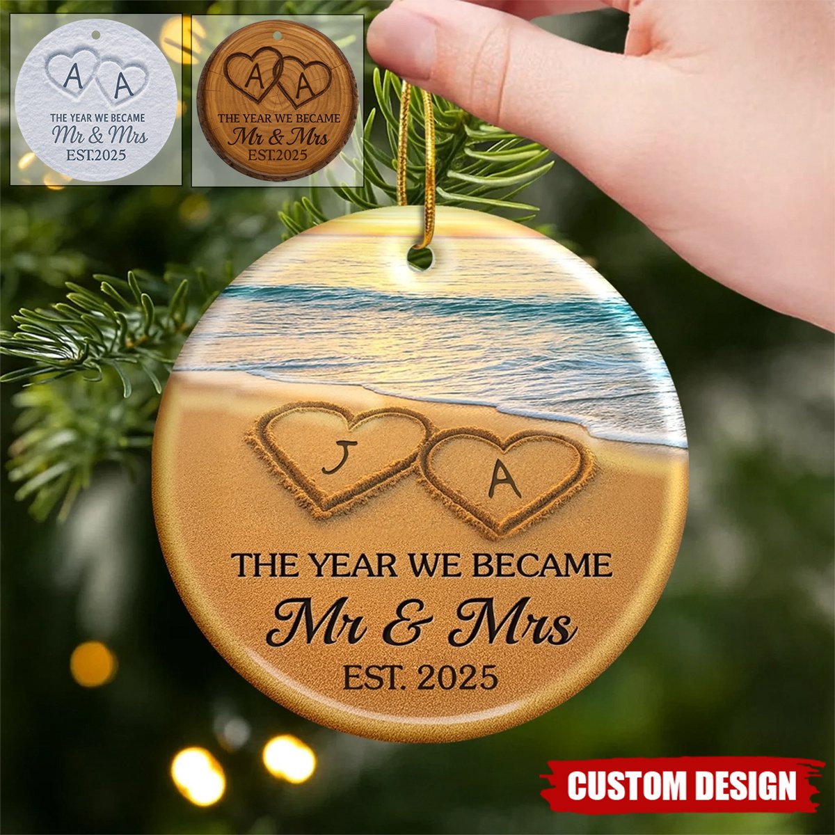 Custom Ceramic Ornament - Personalized Anniversary Christmas Wedding Gifts For Husband And Wife, Him And Her - Our Happily Ever After, Set In Sand