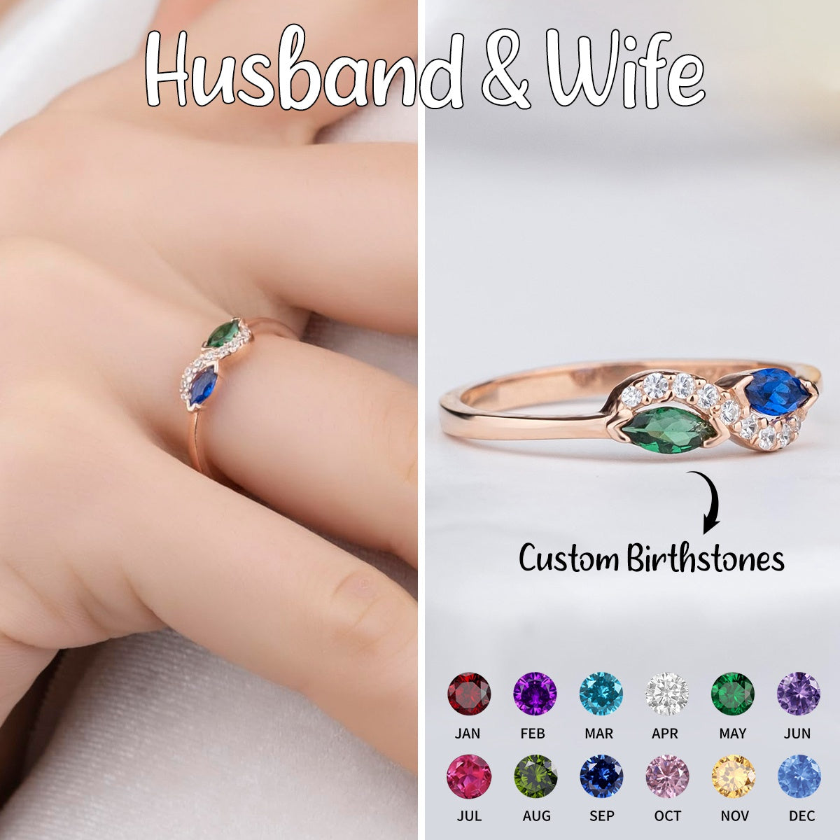 Personalized Double Marquise Cut Birthstone Ring-Gift For Couple