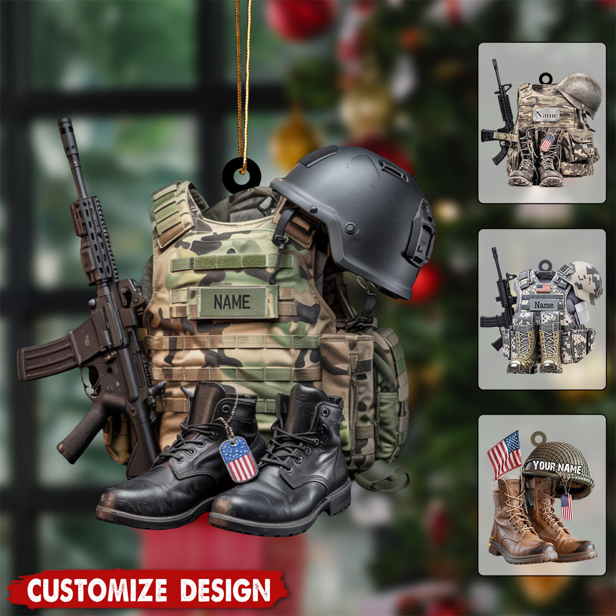 Army Uniform Ornament, Boots & Hat Personalized Ornament, Gift For Dad, Soldier, Veterans, Gift For Dad