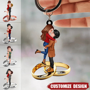 Personalized Doll Couple Kissing Hugging On The Ring Keychain - Gift For Couple
