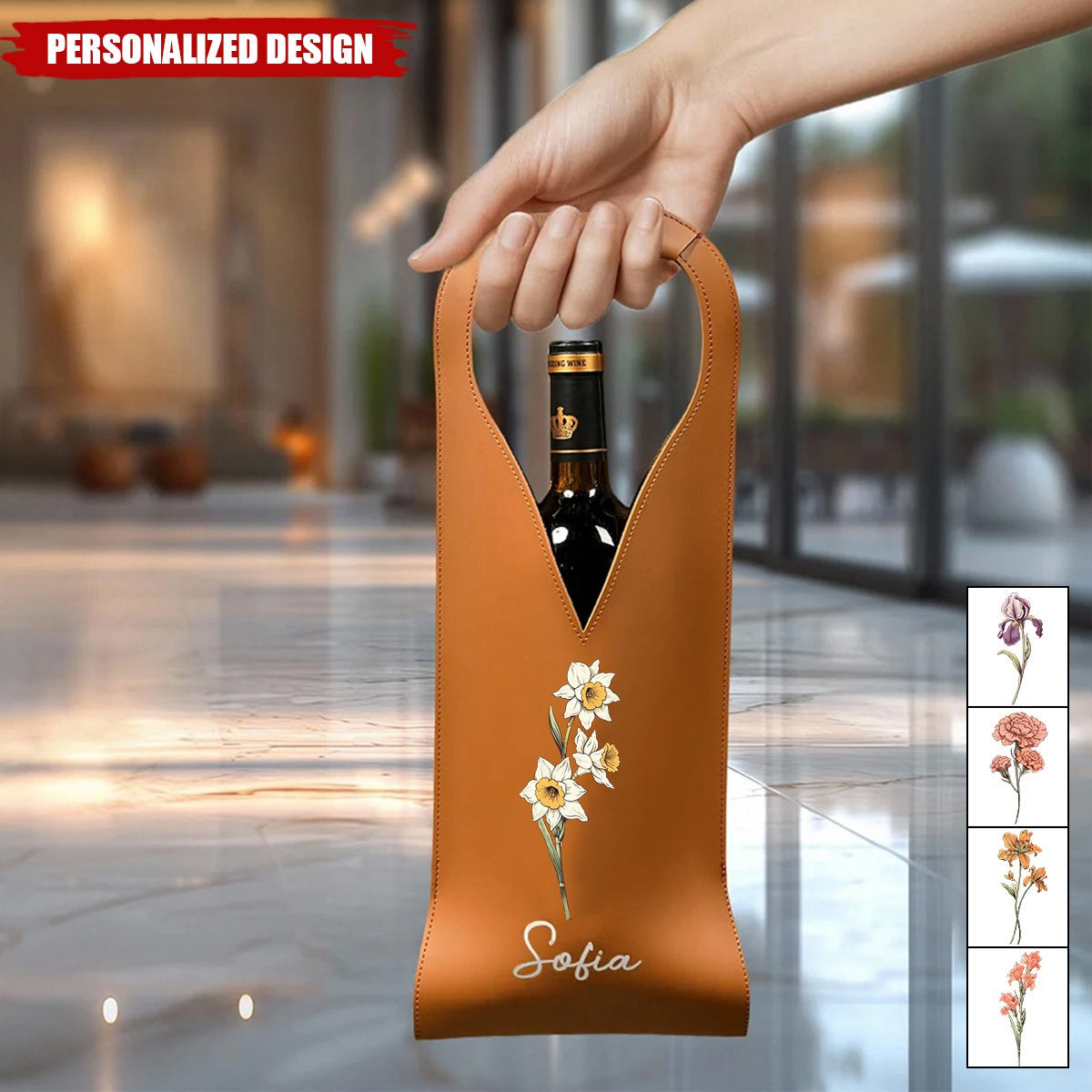 Personalized Birth Flower Leather Wine Bag Gift for Wine Lover