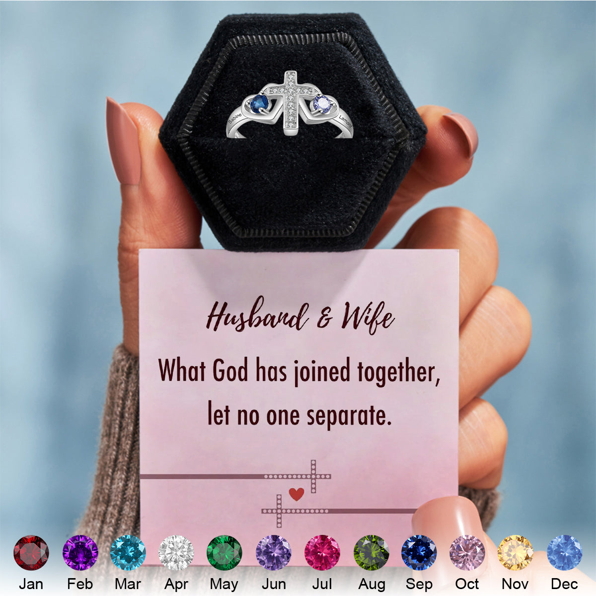 For Love-Husband & Wife Custom Names & Birthstones Cross Ring