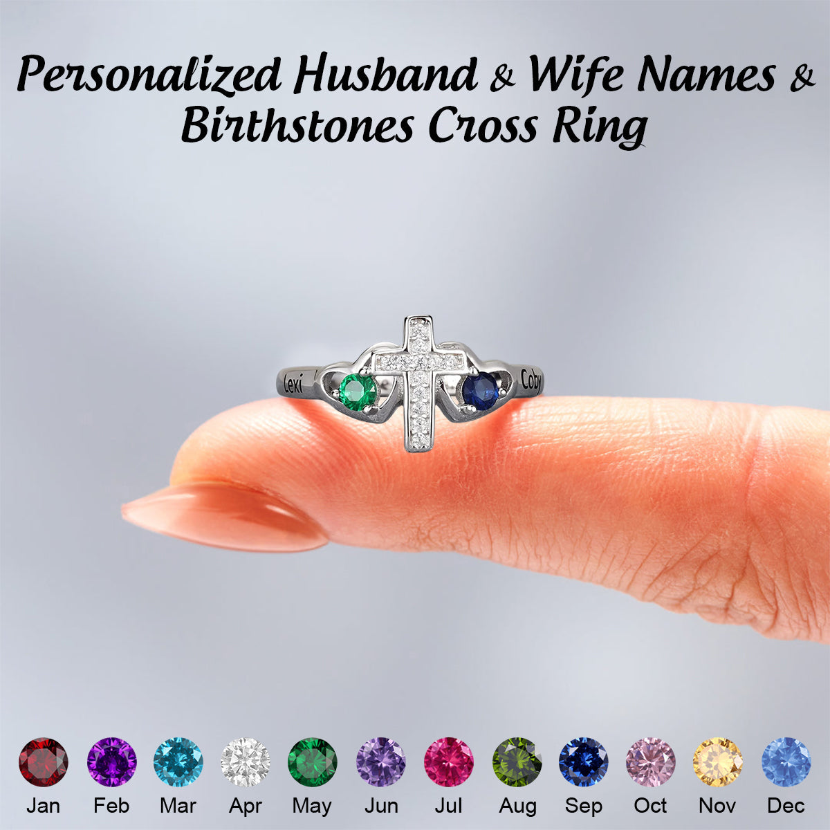For Love-Husband & Wife Custom Names & Birthstones Cross Ring