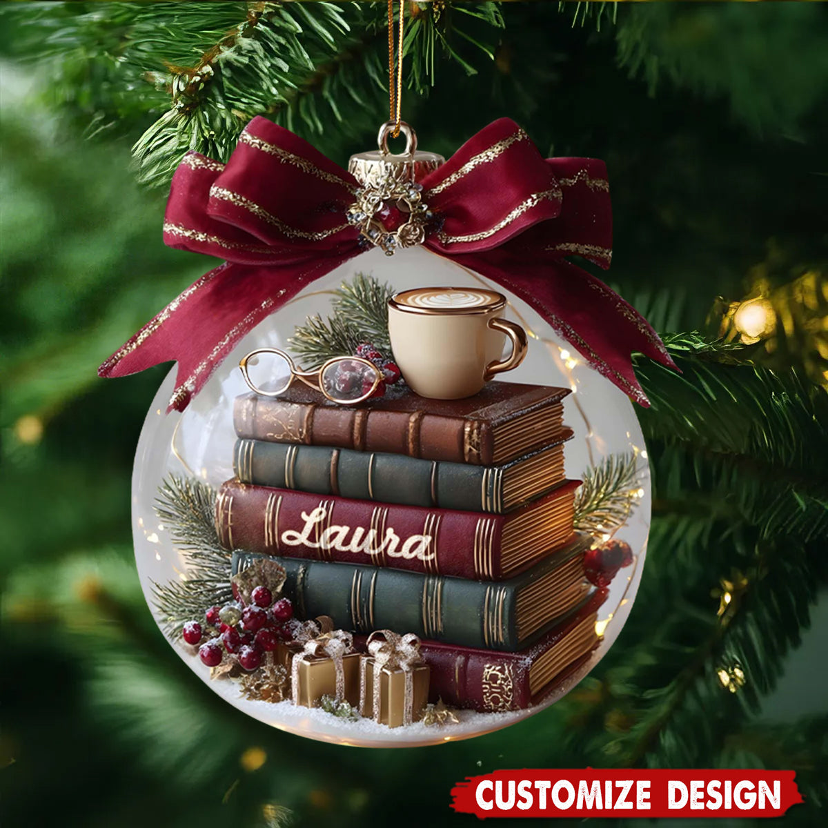 Personalized Stack Of Books Christmas Ornament, Custom Book Lover Snow Globe Gift, Library Christmas Decor for Readers
