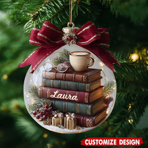 Personalized Stack Of Books Christmas Ornament, Custom Book Lover Snow Globe Gift, Library Christmas Decor for Readers