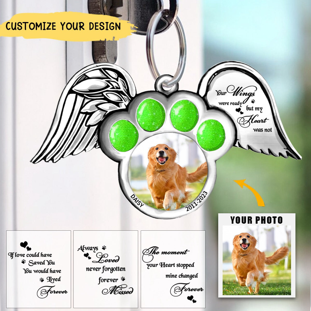 Personalized Memorial Dog Wings Aluminum Keychain- Upload Pet Photo - The Moment Your Heart Stopped Mine Changed Forever