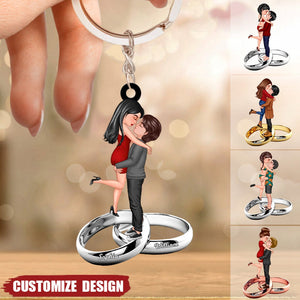 Personalized Doll Couple Kissing Hugging On The Ring Keychain - Gift For Couple