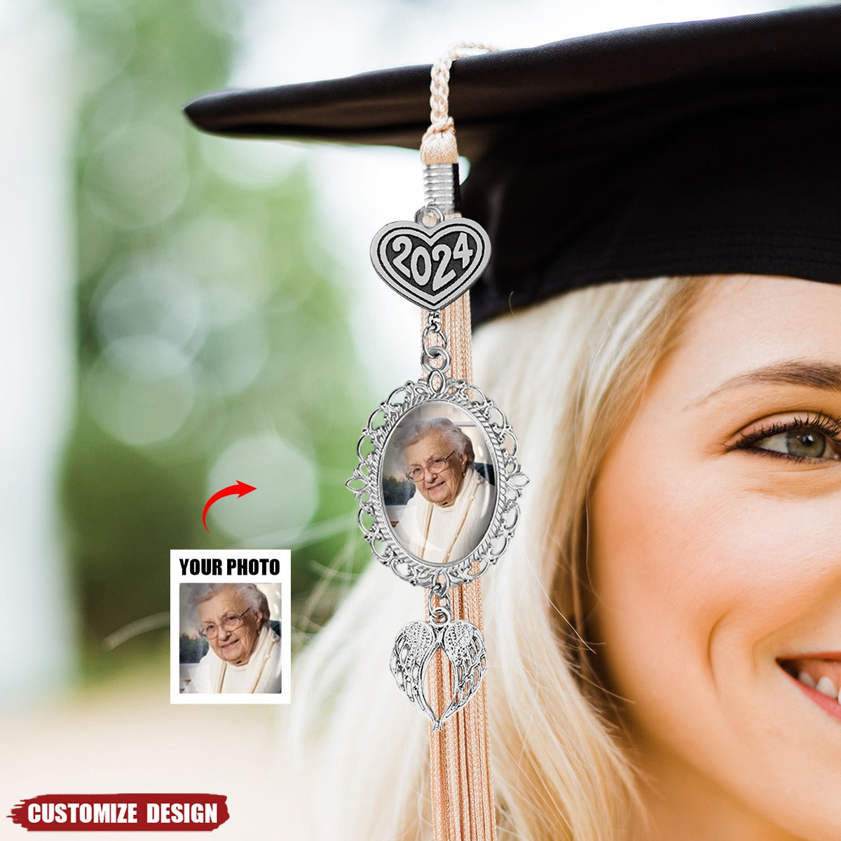 Personalized Graduation Tassel Photo Charm With Angel Wings - Memorial Graduation Gift