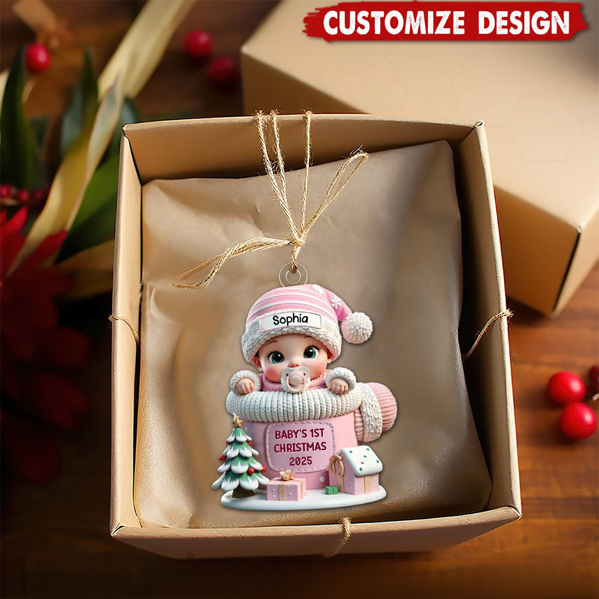 Baby In Mitten Baby's First Christmas Personalized Acrylic Flat Ornament