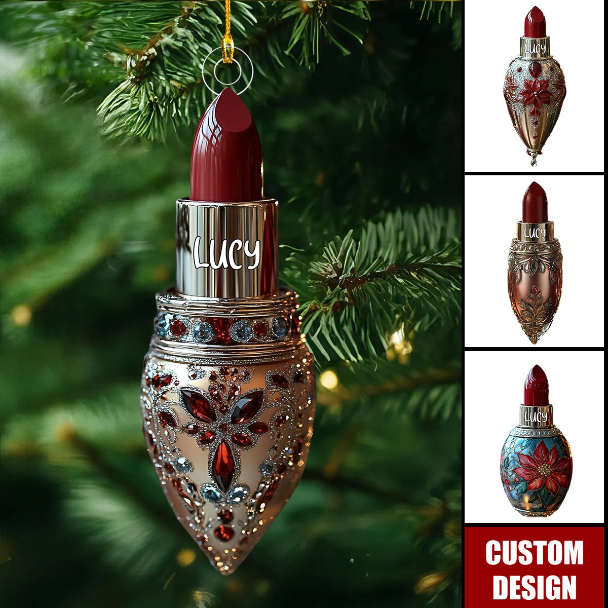 Personalized Red Jewel-Encrusted Glam Lipstick Christmas Ornament - Gift For Beauty Lovers
