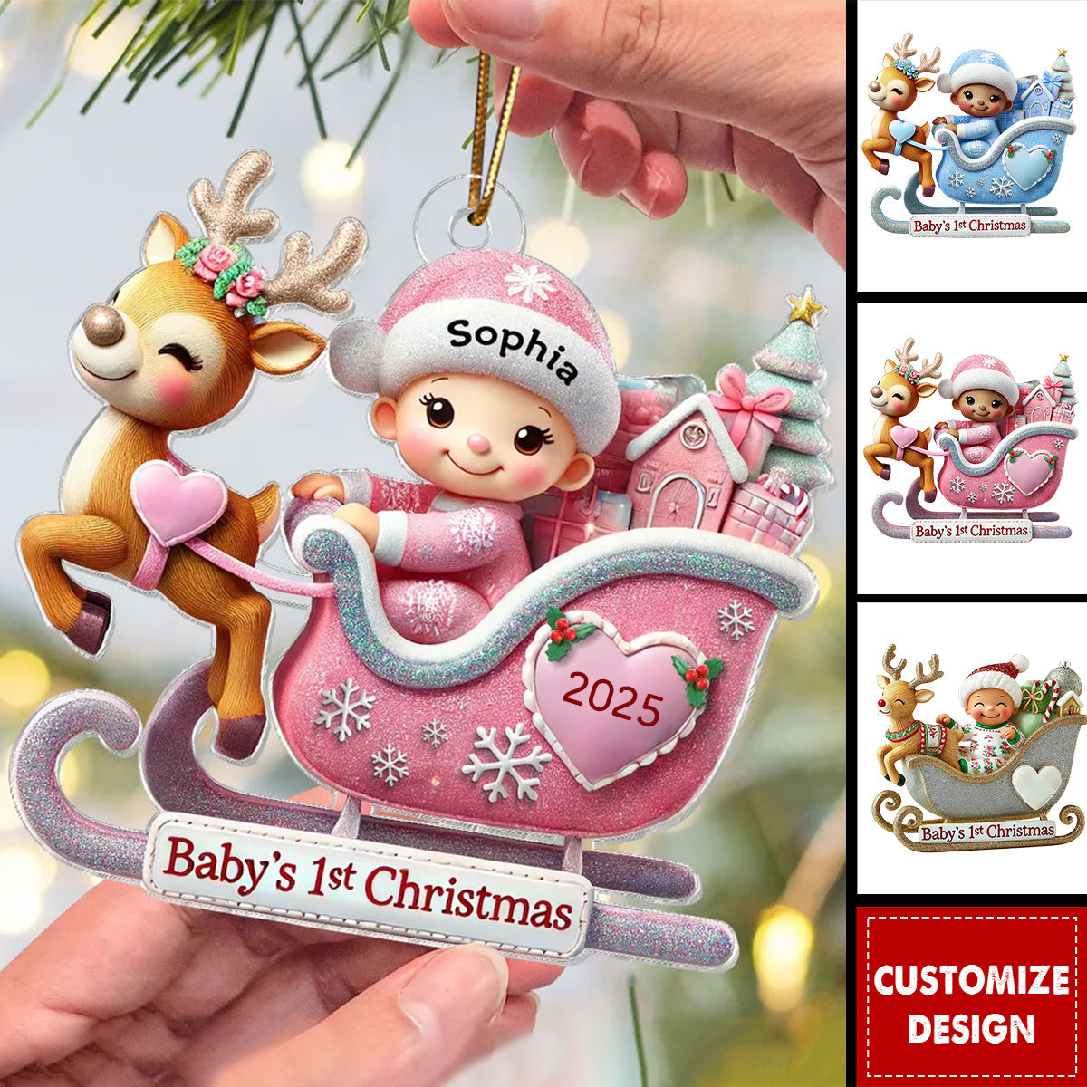 Baby First Christmas Newborn On Sleigh Keepsake Personalized Acrylic Ornament